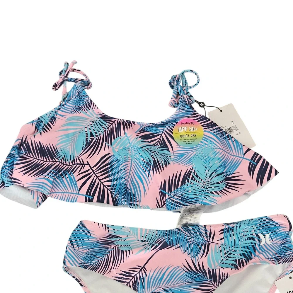 Hurley Girls XL 13-15Y‎ Pink Blue Tropical Palm 2-Piece Bikini Swimsuit NEW